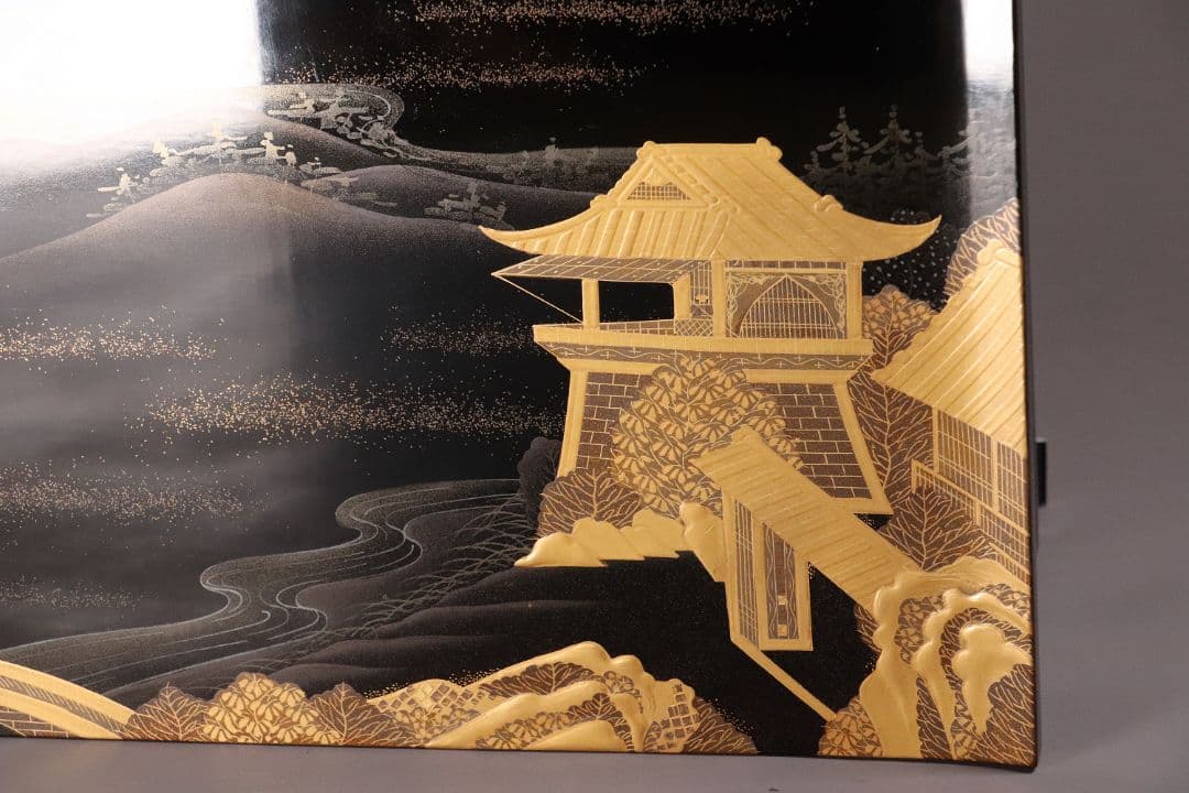 輪島塗 久世宗春 山水金蒔絵 冠卓 二段卓 花台 黒塗 天然木