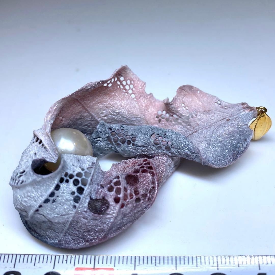 専用　耕堂作　K18刻印大金具　本真珠大玉枯葉ネックレストップ　共箱　13.5g