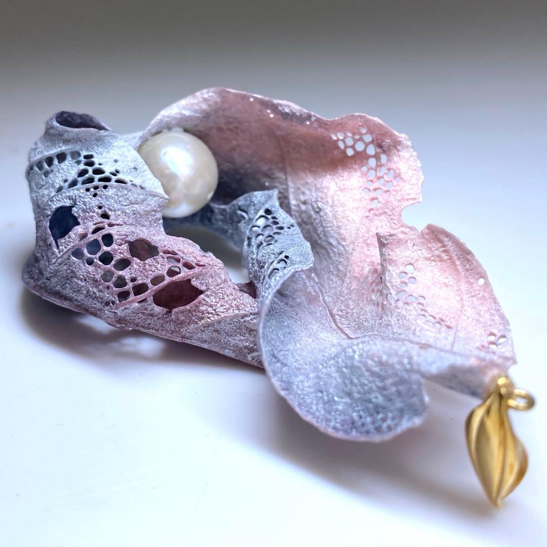 専用　耕堂作　K18刻印大金具　本真珠大玉枯葉ネックレストップ　共箱　13.5g