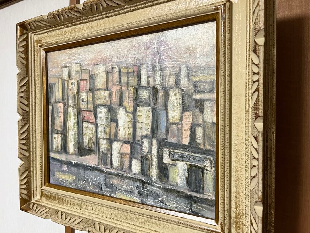 都市風景 油彩画 装飾的なフレーム付き
