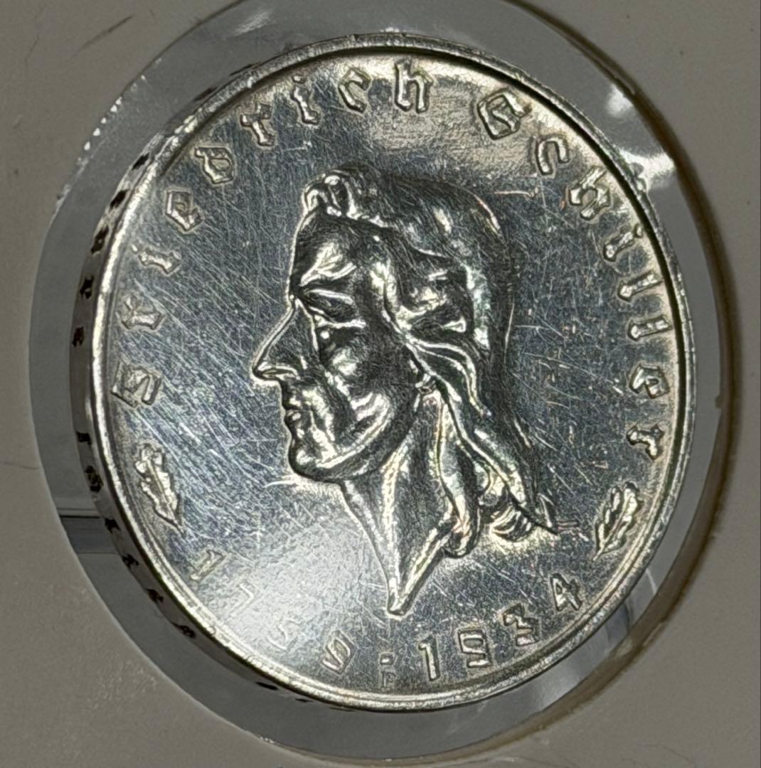 1934年ドイツ シラー生誕175周年記念2ライヒスマルク銀貨 極美