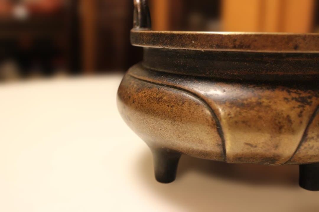 唐物　大明宣徳年製　銅製香炉 ドラゴン彫刻付き　時代保証