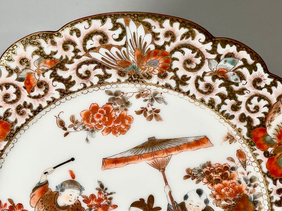 稀少 明治九谷の第一人者 松本佐平 松雲堂 赤絵金彩唐子図中皿 其のニ 九谷焼