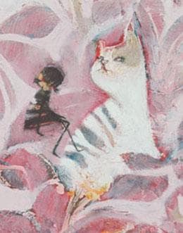 油絵 菅家令子 絵 絵画インテリア額付(白) uF6-070519 子猫と女の子