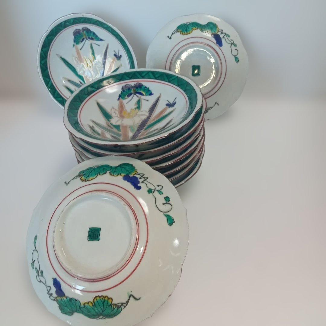 九谷(10客)　古九谷　古道具　台所用品　食器　骨董　丸皿　浅皿　伝統工芸　角福