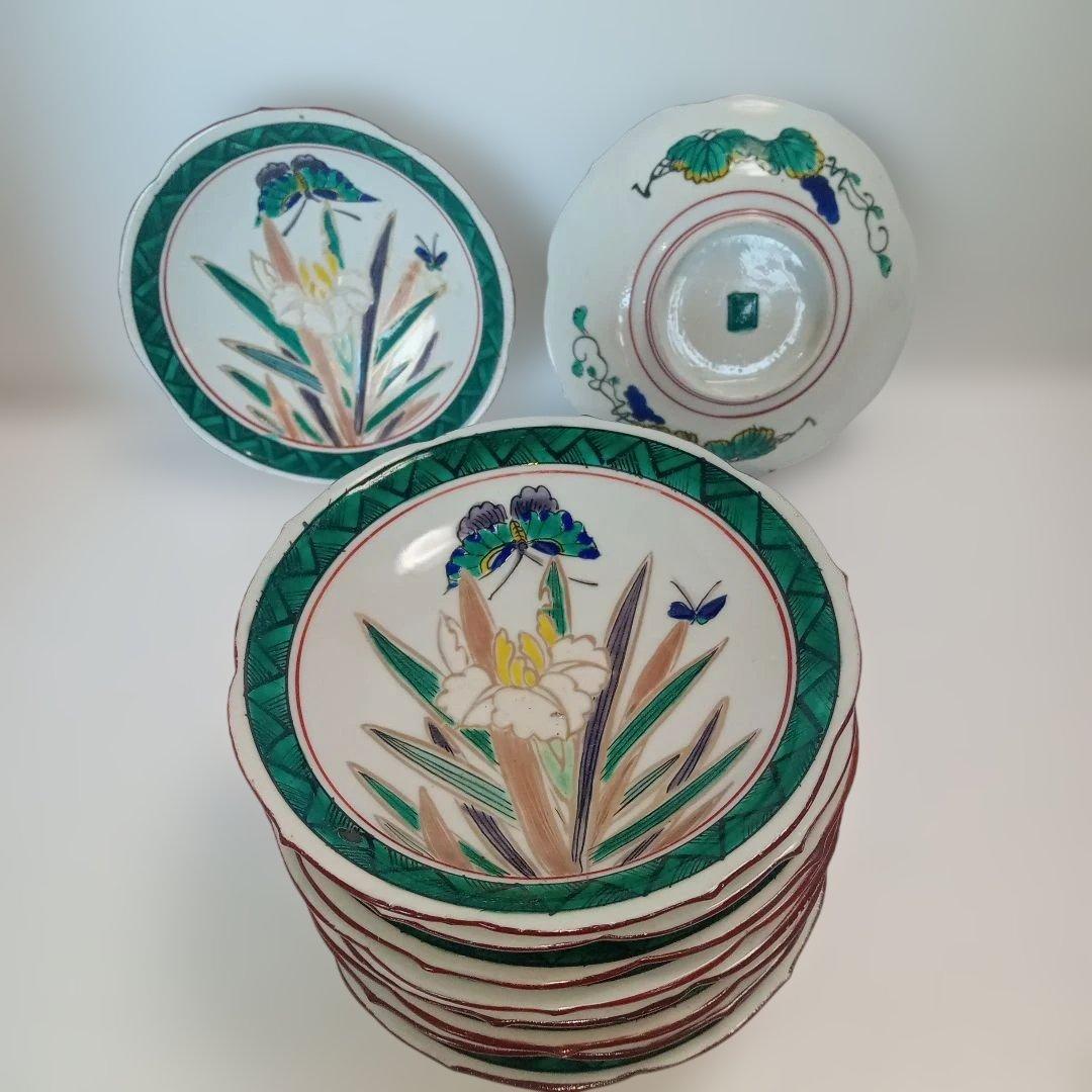 九谷(10客)　古九谷　古道具　台所用品　食器　骨董　丸皿　浅皿　伝統工芸　角福