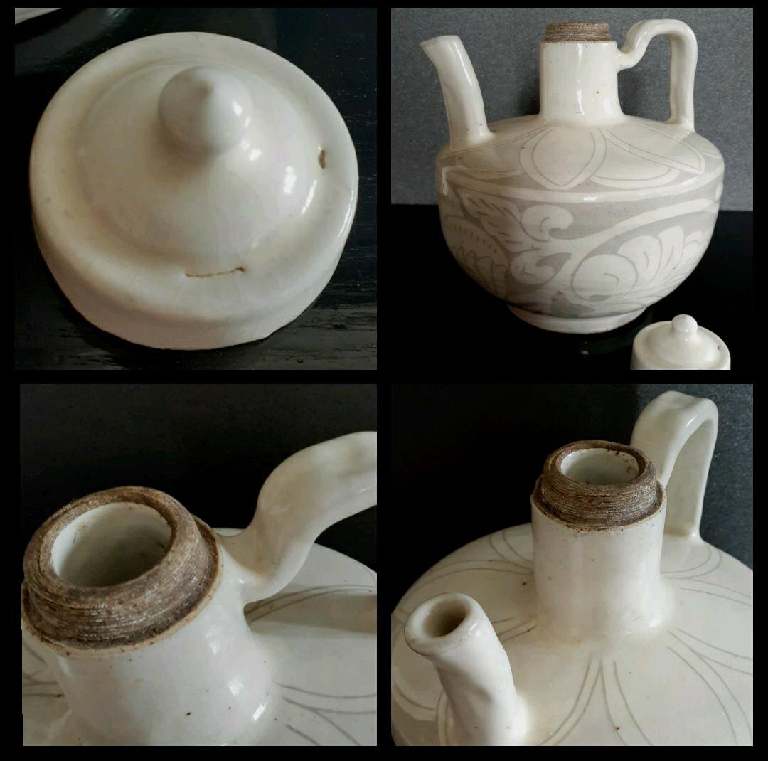 中国古美術 中国古陶磁器 古玩 磁州窯 白釉刻花 掻落し技法