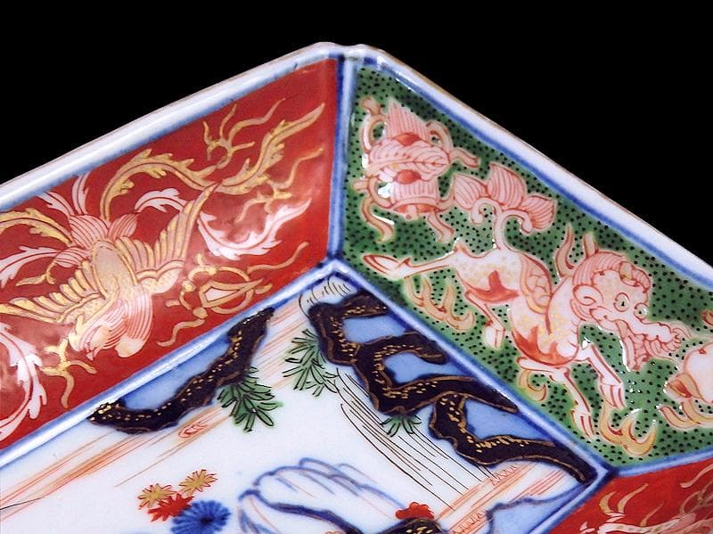 大聖寺伊万里　金襴手　龍に鳳凰　山水紋の図　長皿　356AS-DBl