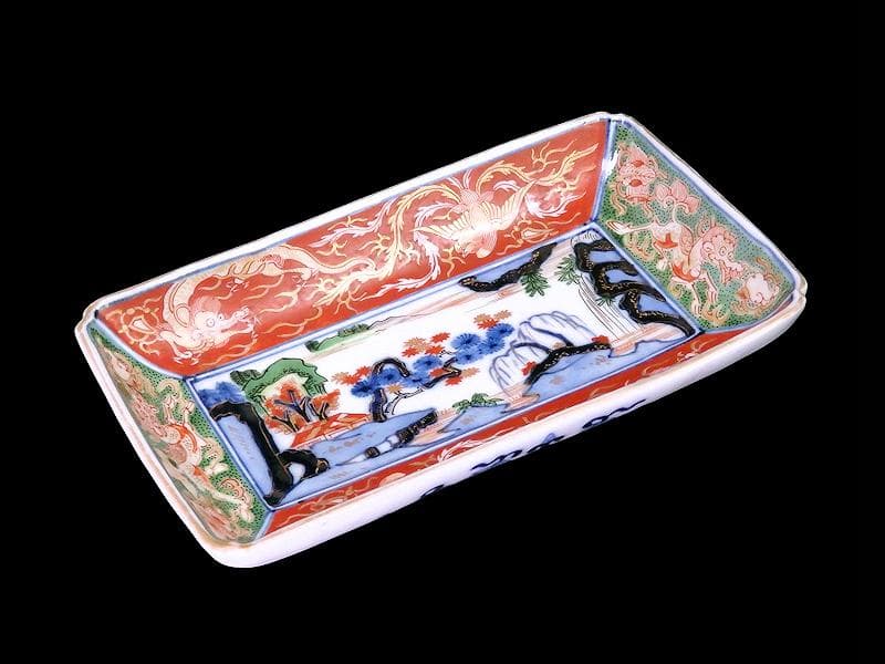 大聖寺伊万里　金襴手　龍に鳳凰　山水紋の図　長皿　356AS-DBl