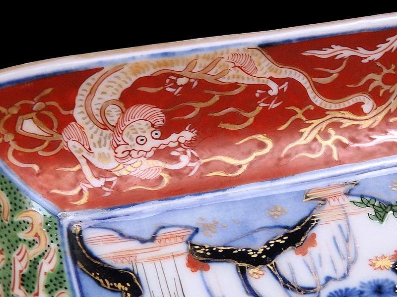 大聖寺伊万里　金襴手　龍に鳳凰　山水紋の図　長皿　356AS-DBl