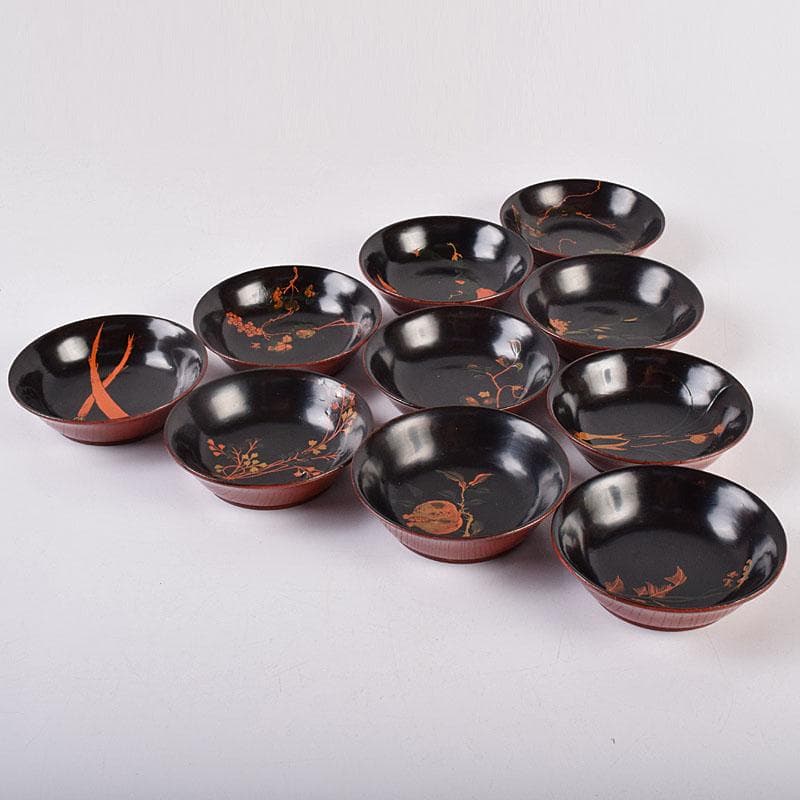 時代輪島塗　黒漆　蒔絵絵変銘々皿　木皿　十客　時代箱付　V　R8927