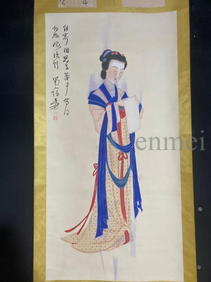 中国古美術・旧藏珍品・張大千款・仕女図・絹本・純手描き・掛軸・中堂畫・