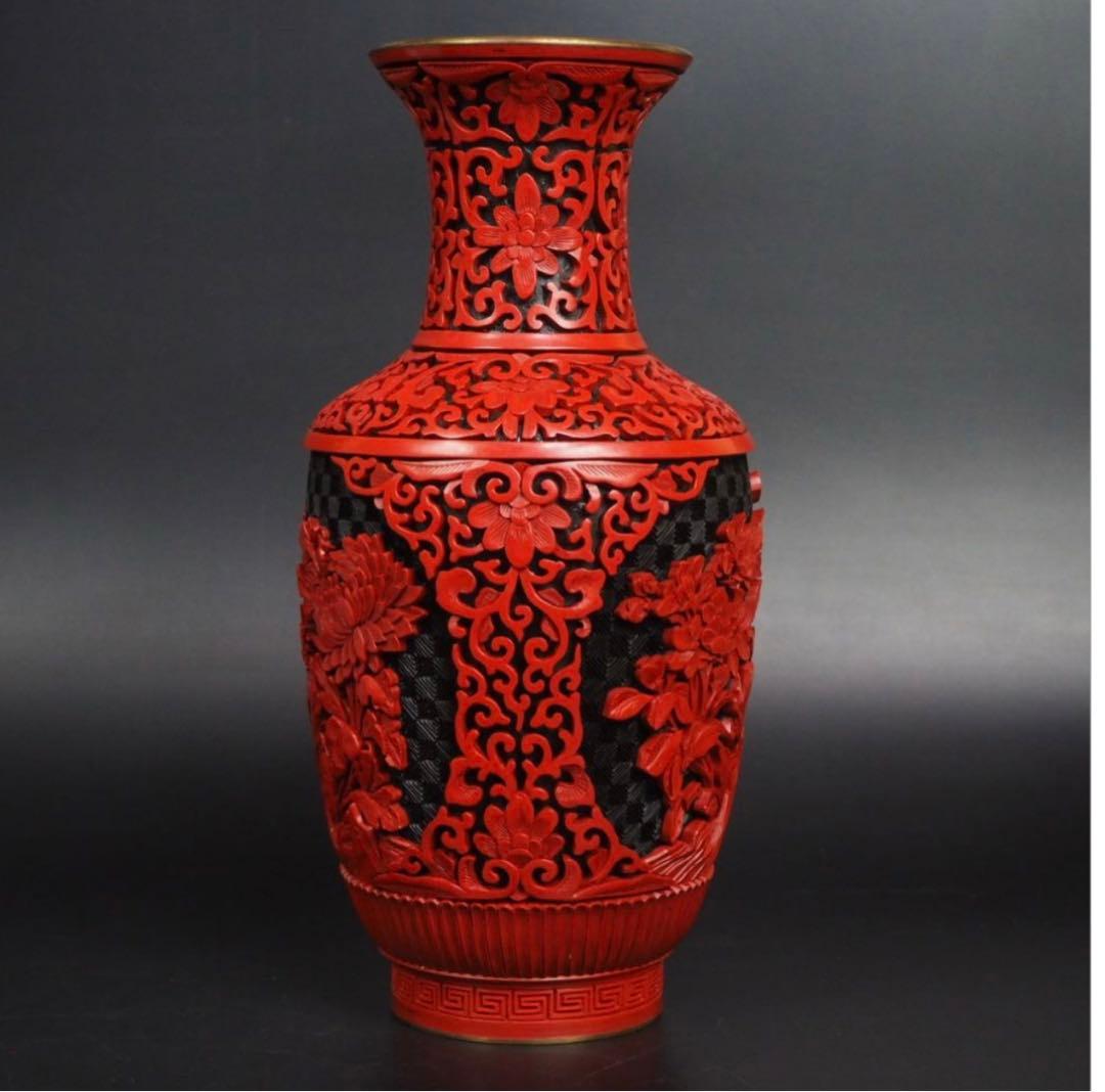 送料無料　極上高肉彫堆朱花瓶　台付　全高さ29ｃｍ　共箱　中国古玩骨董