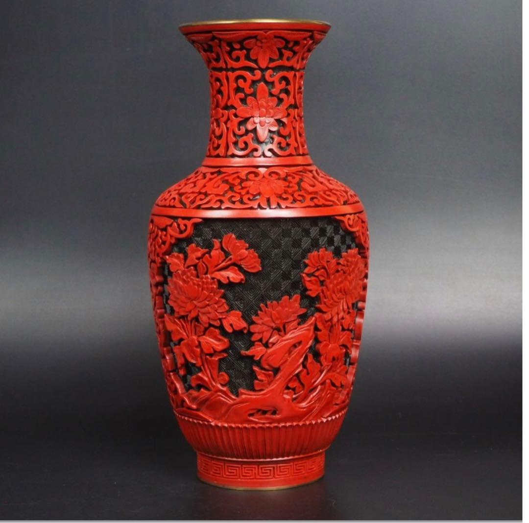 送料無料　極上高肉彫堆朱花瓶　台付　全高さ29ｃｍ　共箱　中国古玩骨董