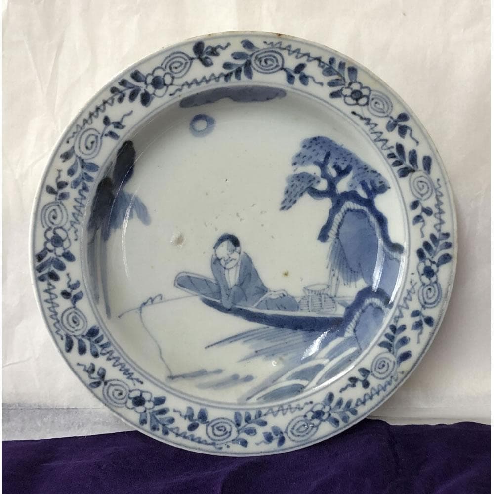 F830 古伊万里 染付 兜皿 5枚 太明年製 径17cm 銘々皿 小皿 人物図古