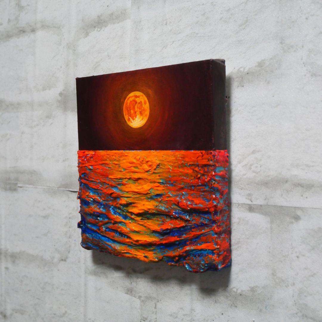 油絵 アートパネル【オレンジの月】