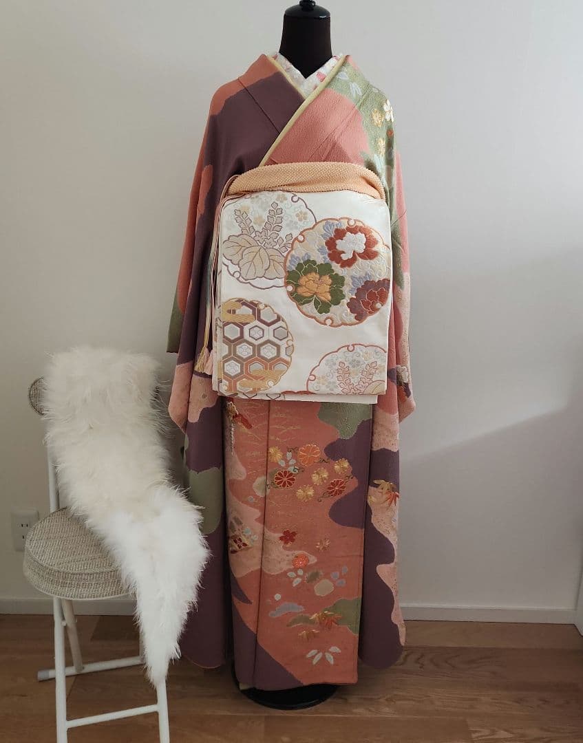 訳ありプチプラ】可愛い！絞り刺繍振袖 長襦袢 袋帯3点セット フル