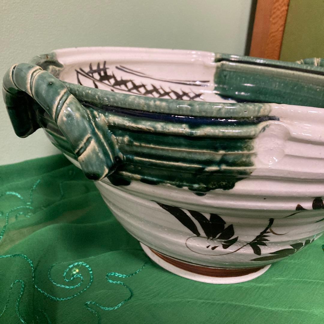 織部両手鉢　水盤　御手水　つくばい　メダカ鉢　睡蓮鉢