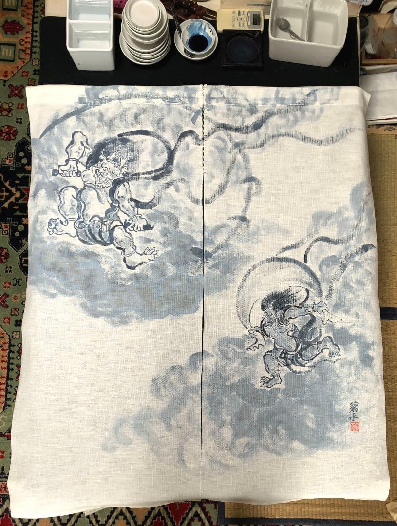 暖簾『風神雷神図』水墨画家による肉筆 一点物