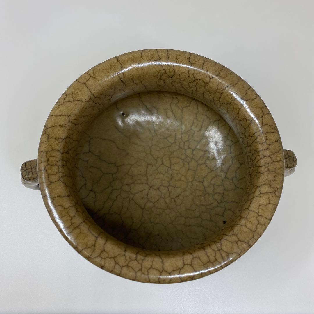 中国古窯 哥窯双耳香炉 高さ10.2㎝ トヒチル 東さ7-