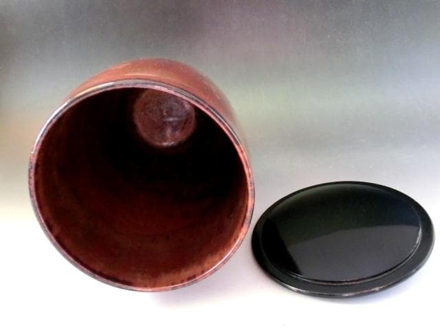 水指●筒水指 【春峰造】鉄釉 漆器蓋 塗蓋 茶釉 お茶道具 時代物 骨董品■