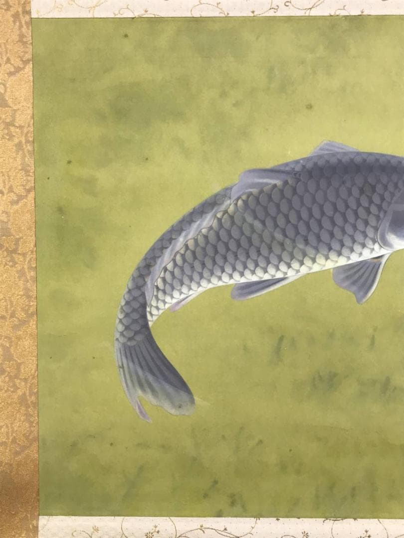 【真作】田之口青晃/鯉図/遊鯉図/コイ図/横物/掛軸/名家伝来/AD-728