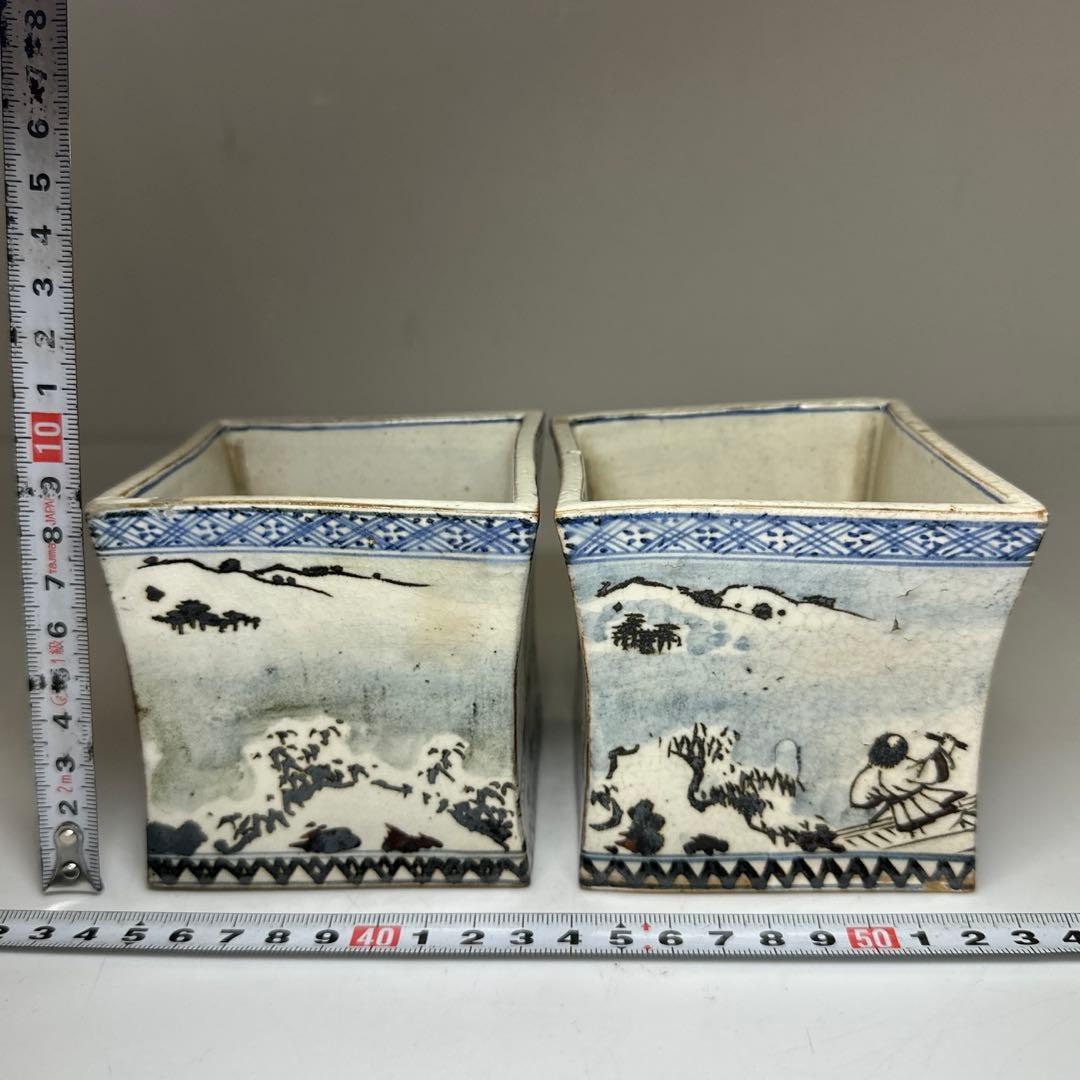 乾山作雪景山水火入一対木箱付幅約9㎝本Y7-0414☆1Fトトオカ