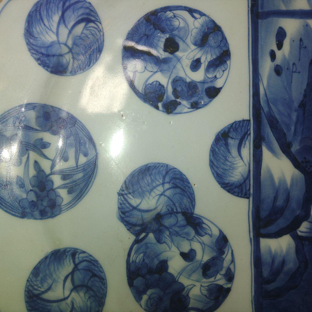 古伊万里　山水楼閣文染付輪花皿　直径40cm