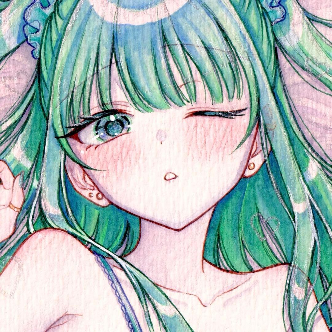 手描きイラスト オリジナル 創作 原画 水彩 青 緑 女の子 B7サイズ