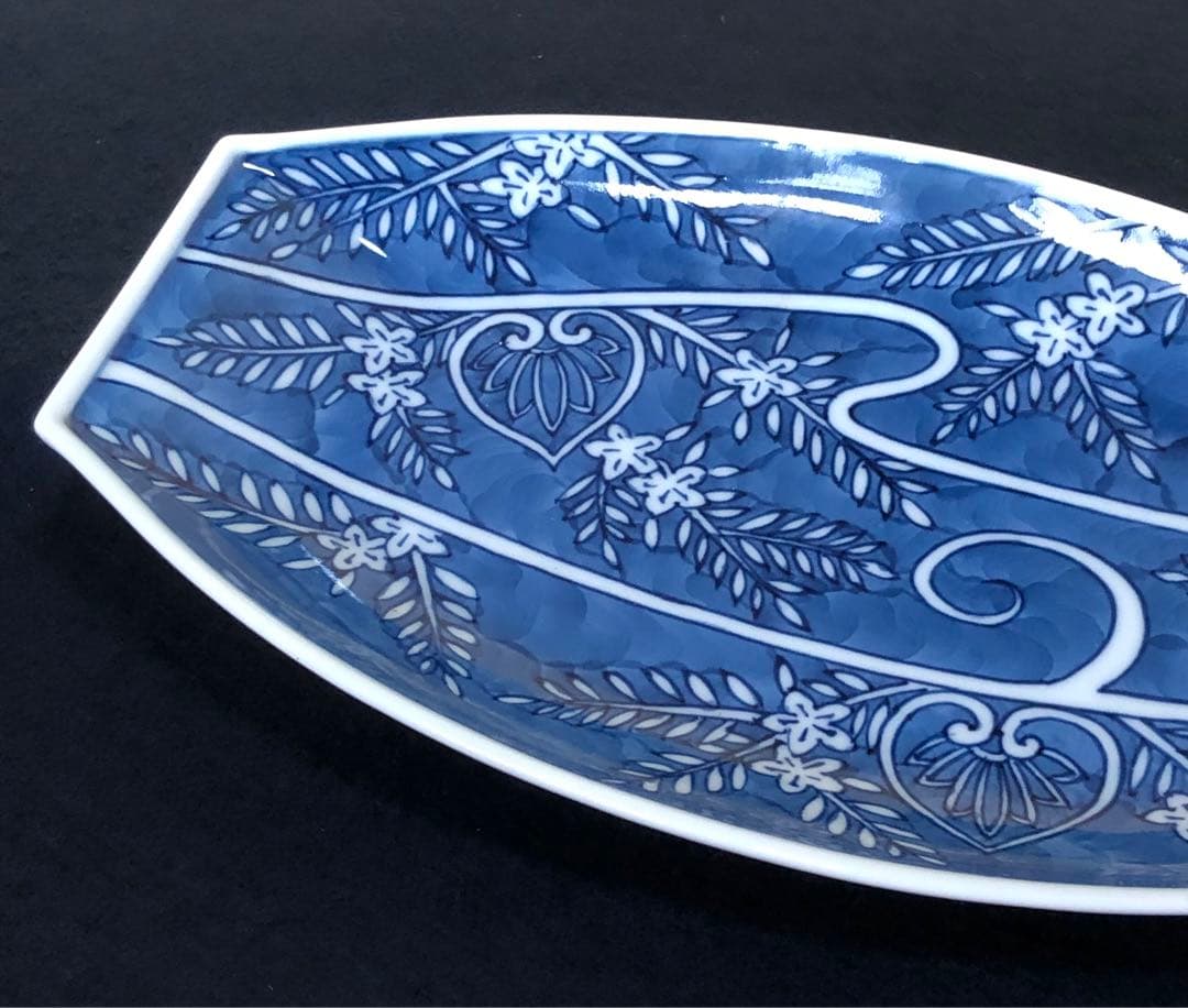 《R》有田焼 染付葵流水絵 舟形皿5客 源右衛門作 共箱　251208お4