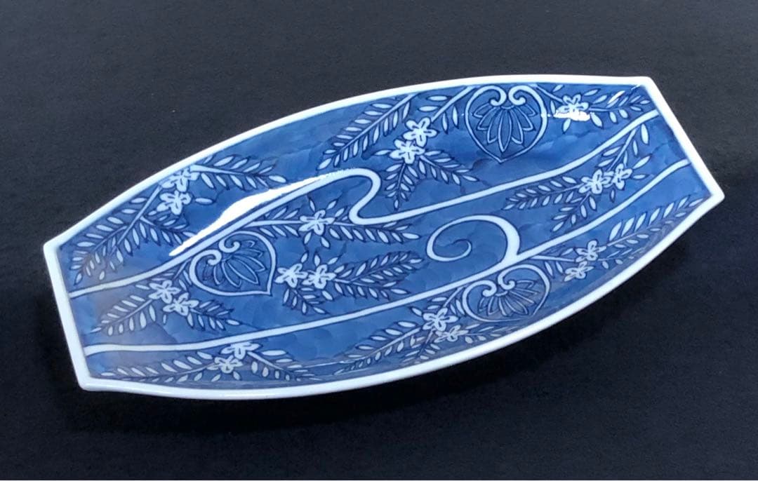 《R》有田焼 染付葵流水絵 舟形皿5客 源右衛門作 共箱　251208お4