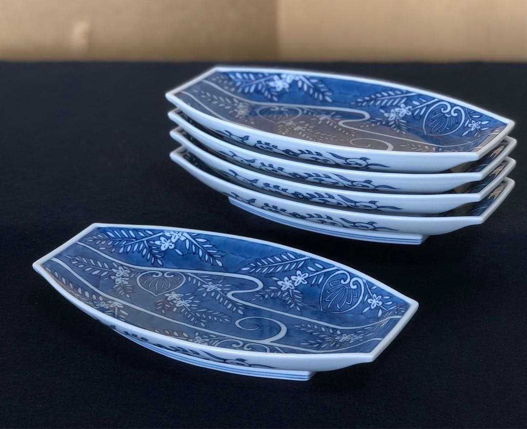 《R》有田焼 染付葵流水絵 舟形皿5客 源右衛門作 共箱　251208お4