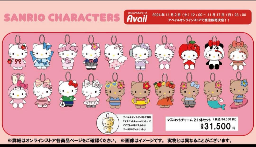 アベイル キティ ハローキティ 21個 マスコットチャーム 50周年 ゴールド