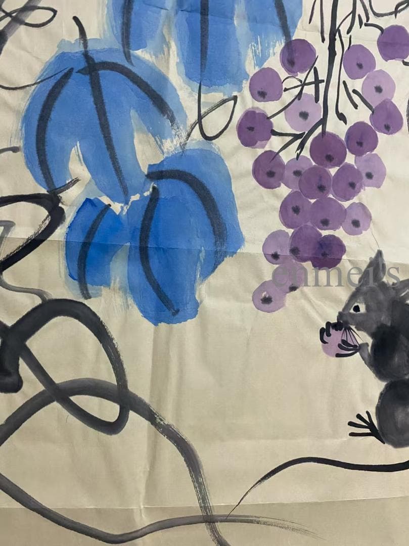 中国古美術 近代 呉昌碩印款 子孫満堂画 掛軸 宣紙 文房置物 純