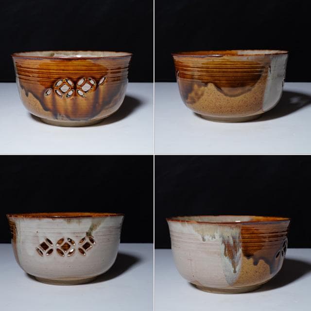 亀井味楽 高取七宝透し菓子鉢 共箱 茶道具 菓子器 掛け分け