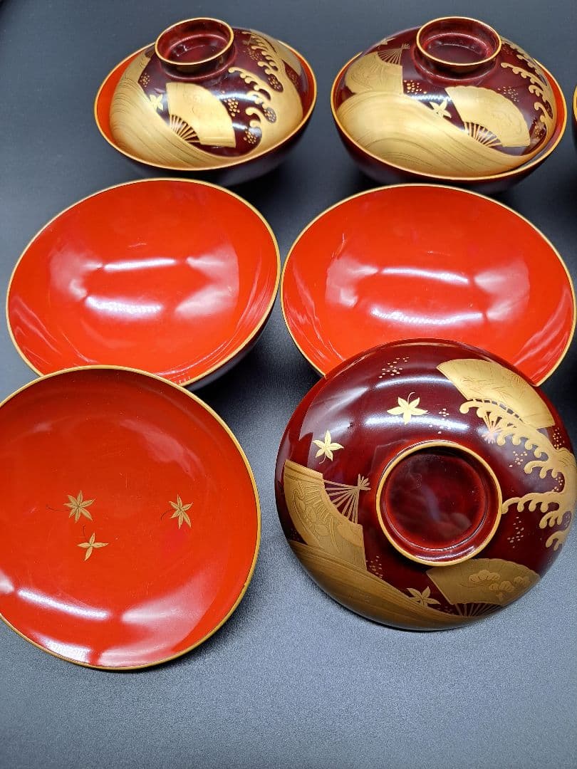 時代木製漆器　紅葉波に扇子見返し蒔絵　吸物椀　汁椀　懐石道具　6客揃　大正時代