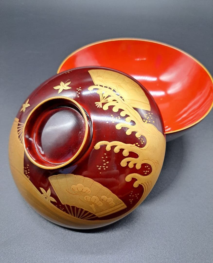 時代木製漆器　紅葉波に扇子見返し蒔絵　吸物椀　汁椀　懐石道具　6客揃　大正時代