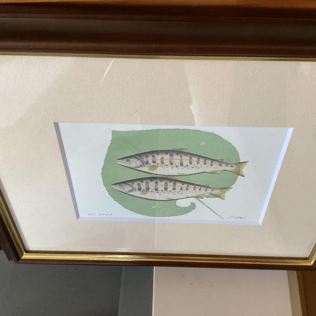 大場雅文作　山女魚アート画　作者サイン　【作品　額装裏】有り　制作NO０００１号