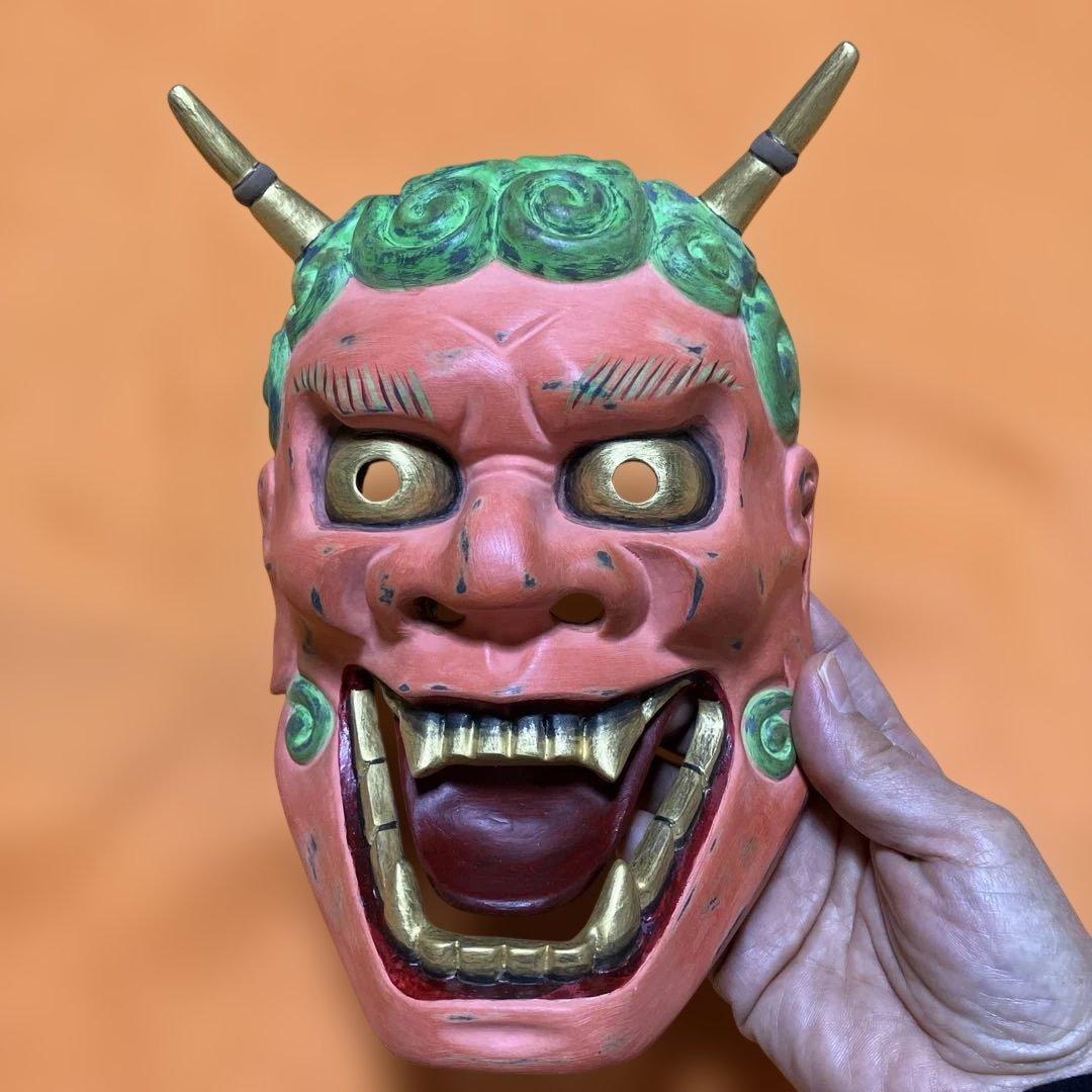 能面　雷　かみなり　木彫り　手彫り　桐箱 能面 雷 かみなり 木彫り 手彫り 桐箱