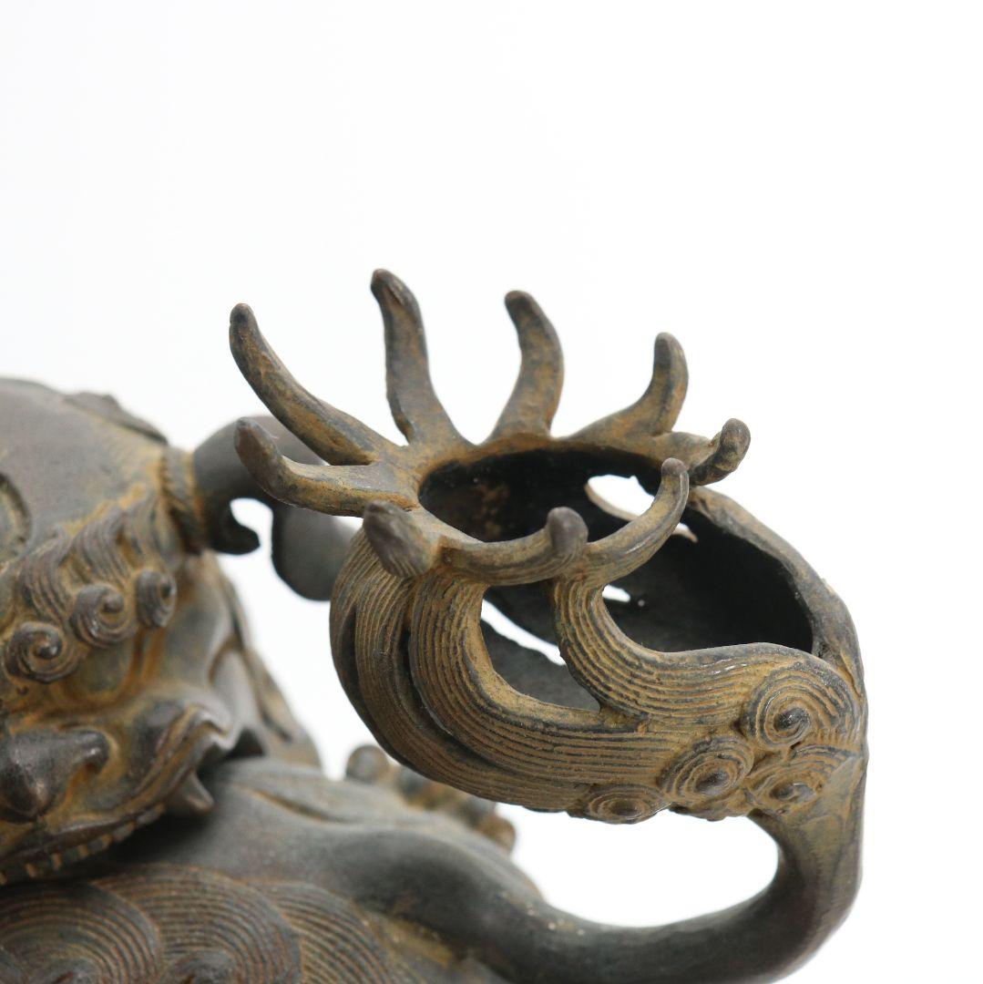 大峰作 蝋型鋳銅製 香炉 戯れ獅子 水晶 高岡銅器 置物 共箱 M588