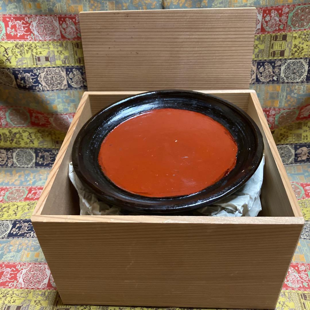 時代 根来塗 盆 5点 民芸（根来 伊万里） 15×2.5cm 木箱入り