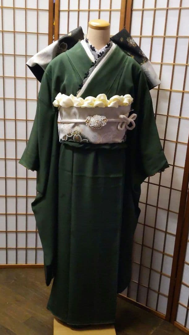 454シンプル モスグリーン【山本寛斎正絹振袖8点フルセット】成人式卒業式