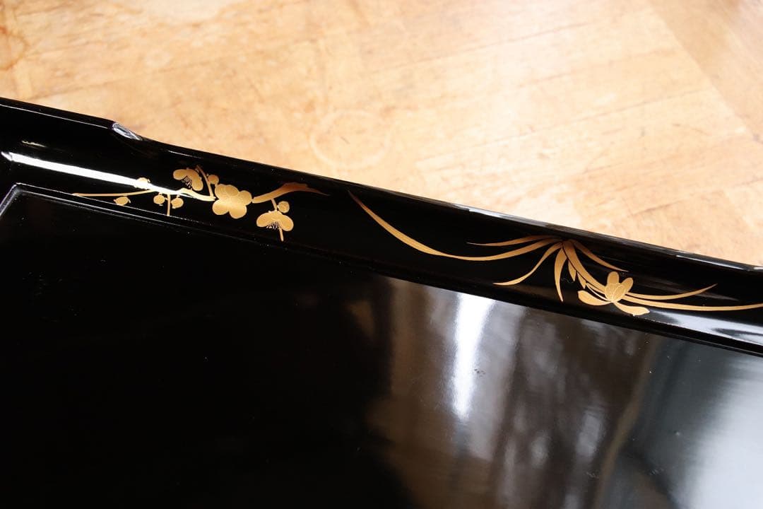 木製　黒塗　四方膳　二客　脚付　四君子　金蒔絵　茶懐石