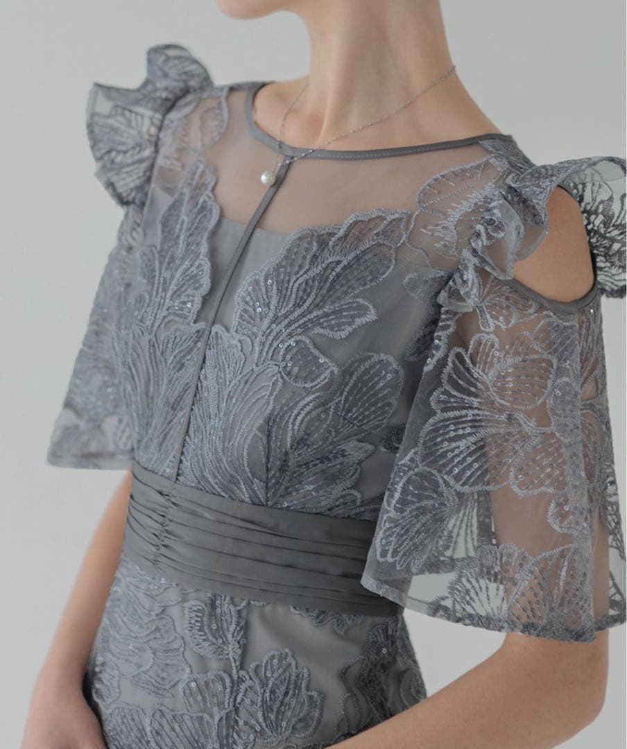 【Leja】フラワーレースシアーフリルマーメイドワンピースドレス