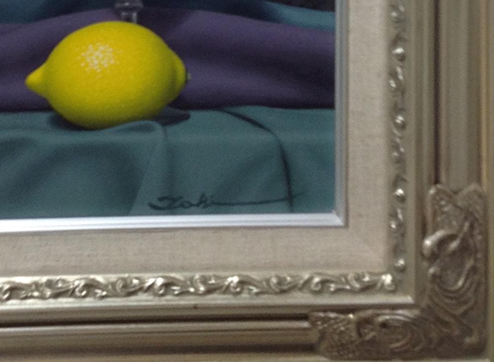 肉筆油絵 静物画 パンジーとレモン