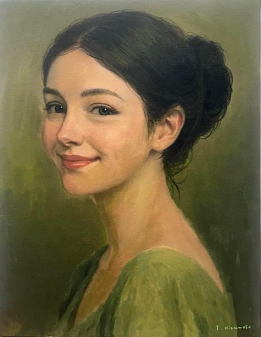 (F6号)久本司【微笑】 表サイン有/裏共シール有 /真作/油彩/