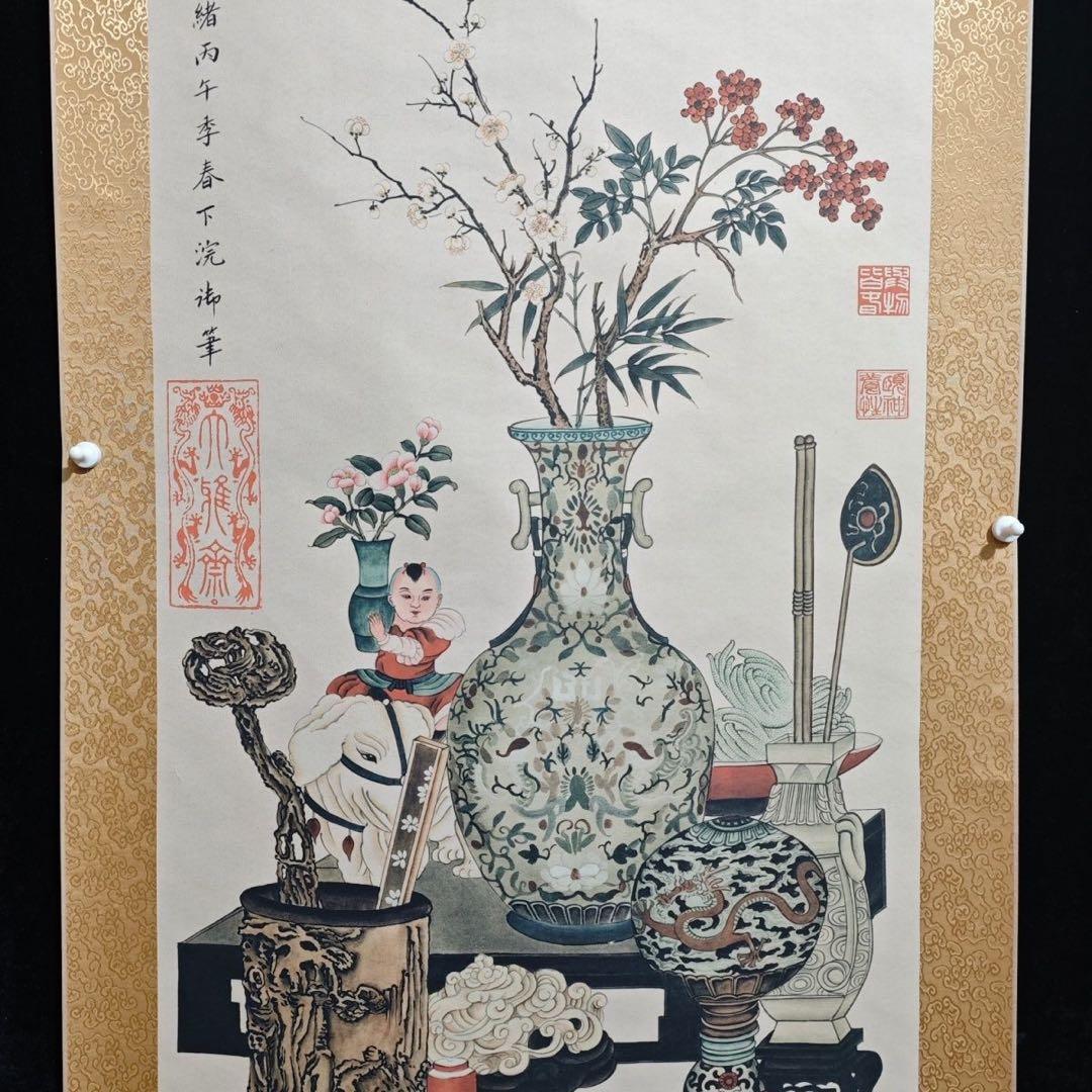 中国画・慈禧太后 花瓶宮花屏 四尺中堂 掛け軸／防偽仕様