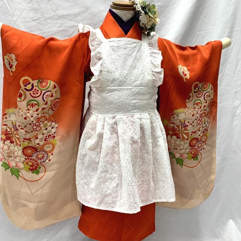 510ag64□七五三 三歳 アンティーク 女児 着物のみ 五つ紋 こけし 花□
