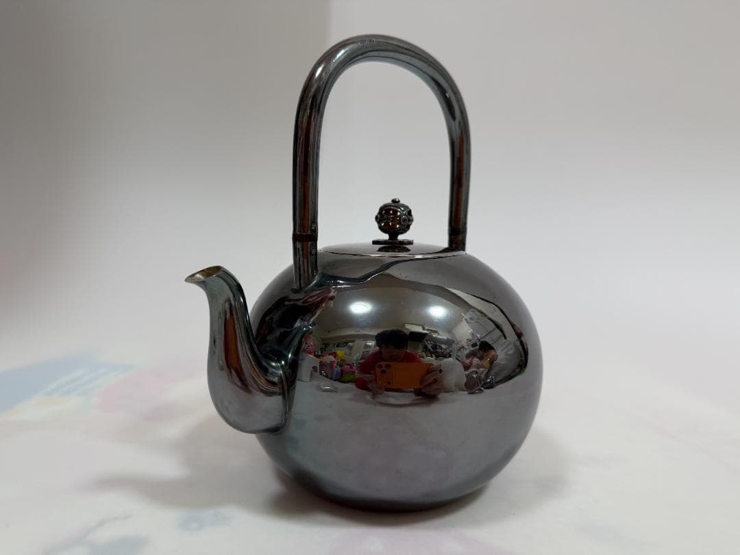 純銀製 象嵌 山水図彫 湯沸 銀瓶 煎茶道具