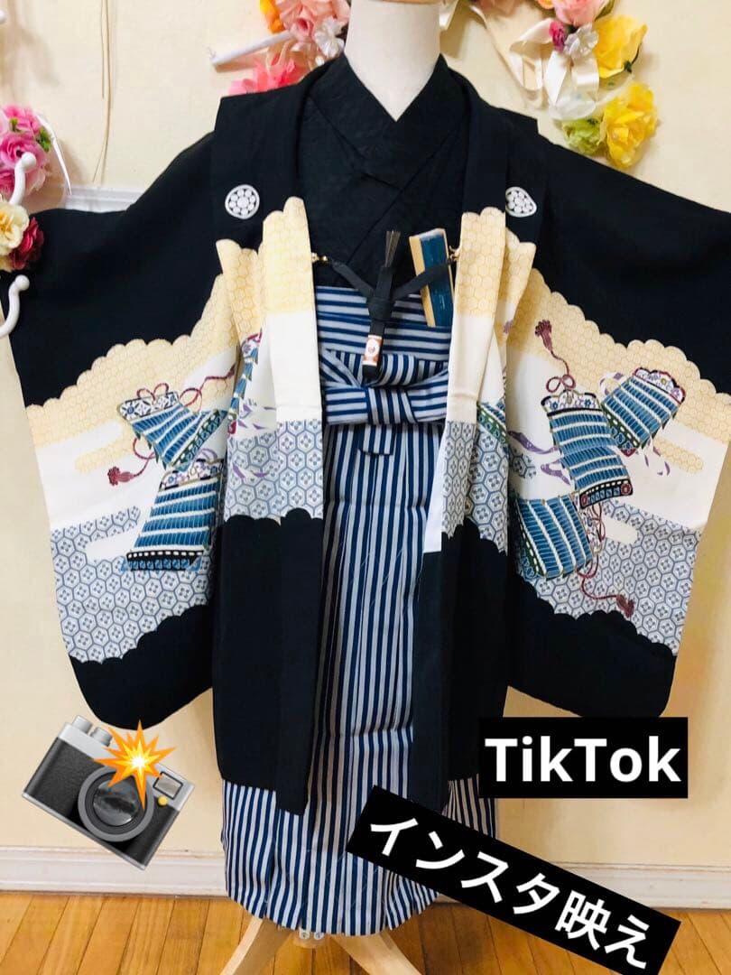 七五三５歳完全フルセット‼️豪華黒地系兜金彩煌びやか⭐︎袴縞スタイルアップ人気銘品